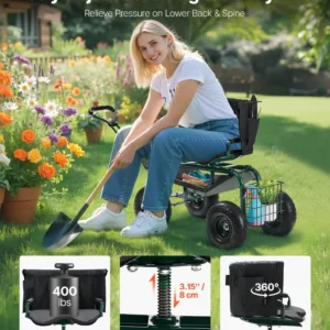 VEVOR Garden Seat with Wheels, Rolling Garden Stool with Height Adjustable & 360 Swivel Seat, 400lbs Weight Capacity, Gardening Cart Bench, Ergonomic Backrest & Tool Storage, for Garden, Yard, Patio